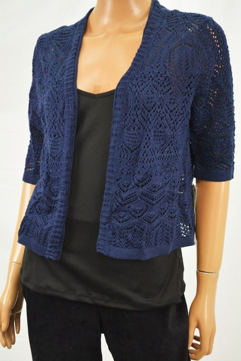 JM Collection Women's Blue Open-Front Crochet Knit Cardigan Medium M