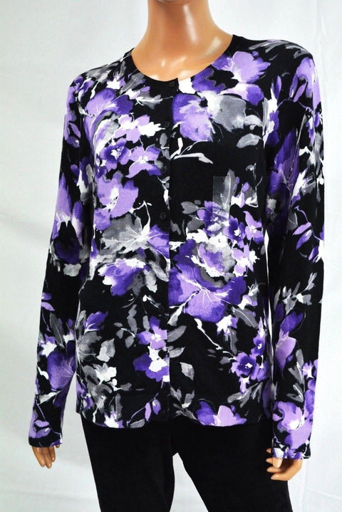 Karen Scott Women's Long-Sleeve Purple Floral Cardigan Shrug Top Large L