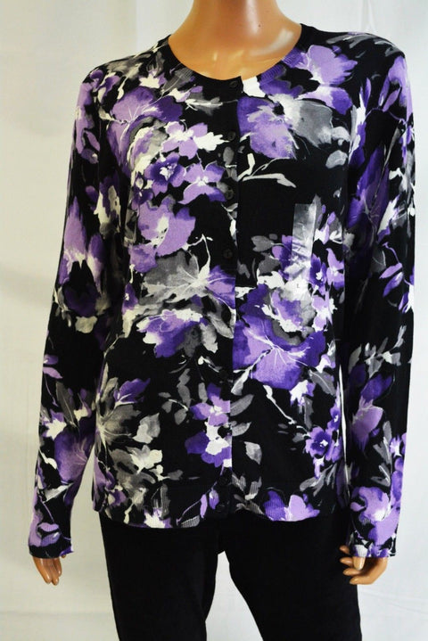 Karen Scott Women's Long-Sleeve Purple Floral Cardigan Shrug Top Large L