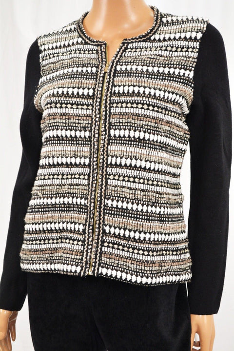 Charter Club Women's Metallic Black Zip-Front Textured Cardigan Shrug Small S