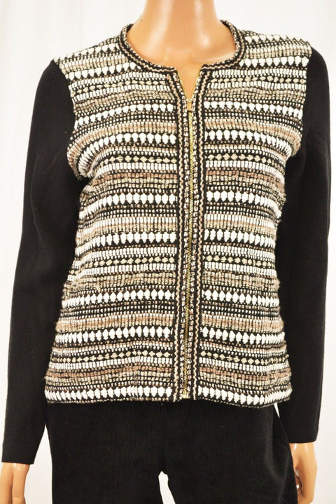 Charter Club Women's Metallic Black Zip-Front Textured Cardigan Shrug Small S