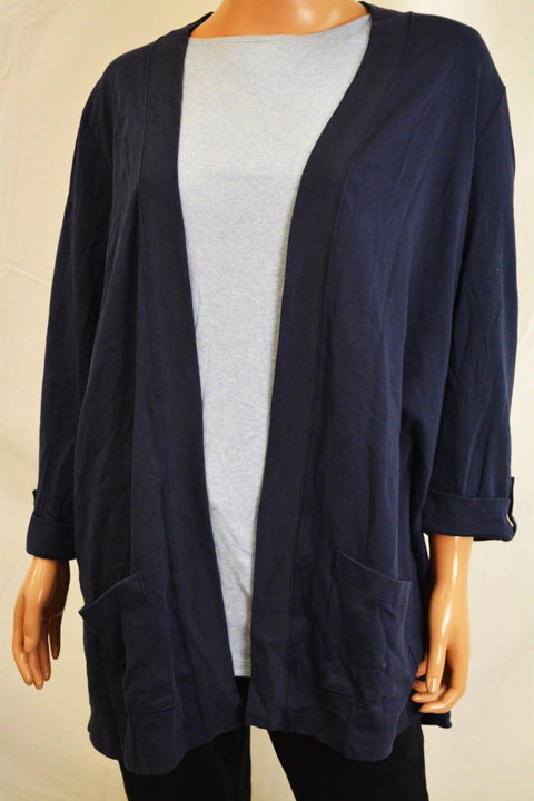Karen Scott Women's 3/4 Sleeve Cotton Blue Open Front Cardigan Shrug Plus 0X 16W