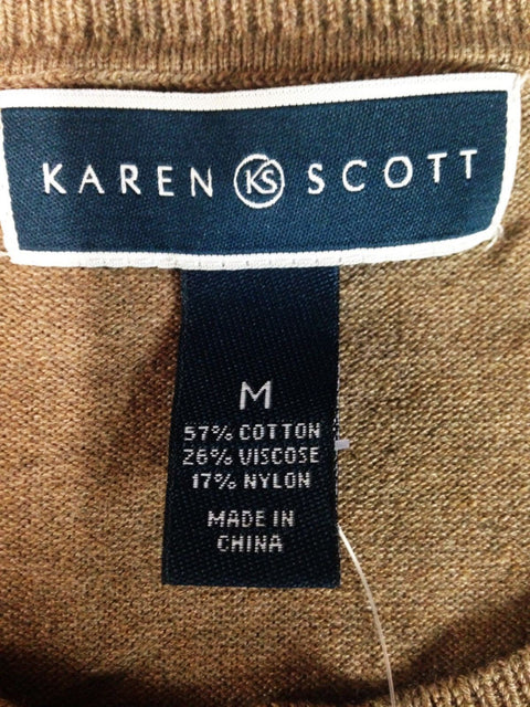 Karen Scott Women's Long Sleeve Front Button Cardigan Sweater Beige Crew Neck M