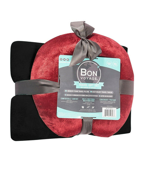 $40 New Bon Voyage Travel Memory foam Neck Pillow & Throw Blanket Set Red/Black