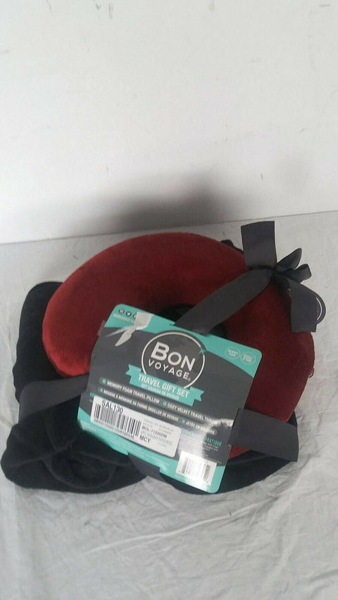 $40 New Bon Voyage Travel Memory foam Neck Pillow & Throw Blanket Set Red/Black