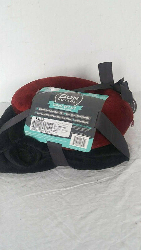 $40 New Bon Voyage Travel Memory foam Neck Pillow & Throw Blanket Set Red/Black