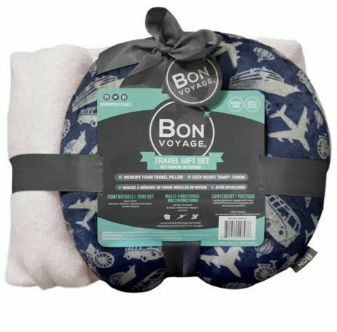 $40 New Bon Voyage Travel Memory foam Neck Pillow & Throw Blanket Set Blue/Ivory