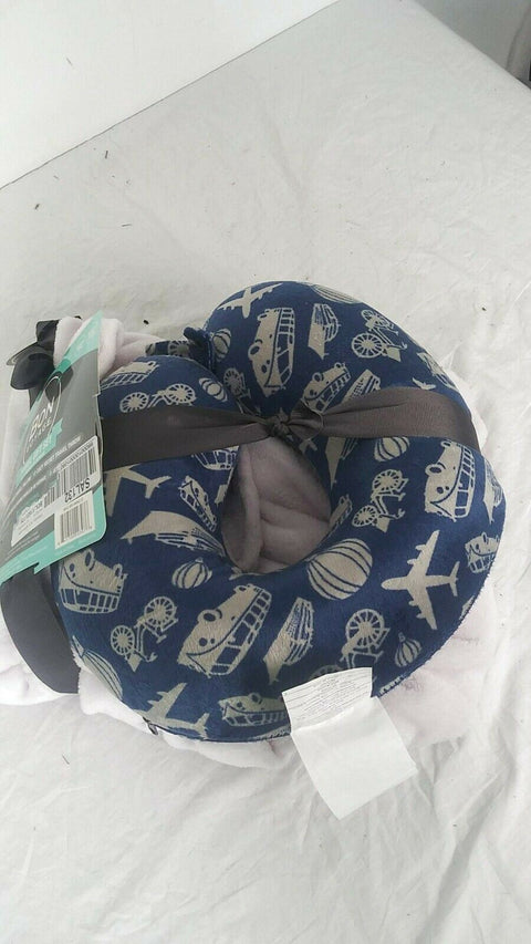 $40 New Bon Voyage Travel Memory foam Neck Pillow & Throw Blanket Set Blue/Ivory