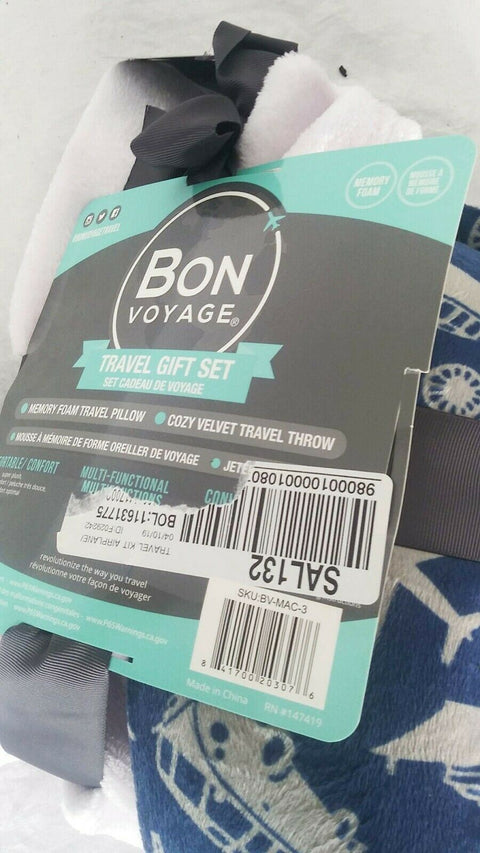 $40 New Bon Voyage Travel Memory foam Neck Pillow & Throw Blanket Set Blue/Ivory