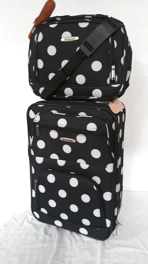 $240 New Rockland 2 Piece Carry On Luggage Set Rolling Suitcase Multi Polka Dots