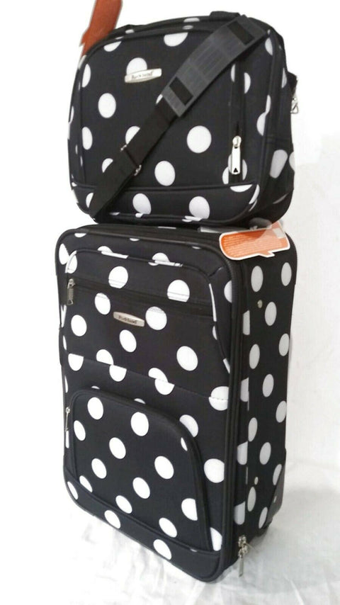 $240 New Rockland 2 Piece Carry On Luggage Set Rolling Suitcase Multi Polka Dots
