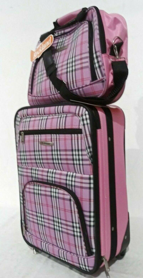 $240 New Rockland 2 Piece Carry On Luggage Set Rolling Suitcase Pink