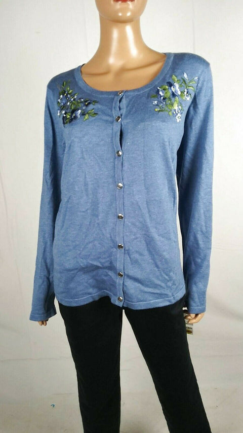 Karen Scott Women Long Sleeve Blue Embroidery Button Cardigan Sweater Plus 3X