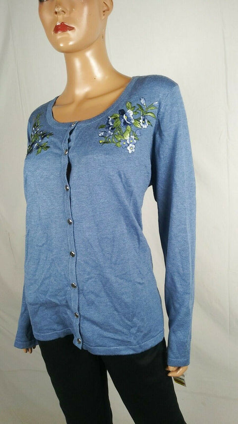 Karen Scott Women Long Sleeve Blue Embroidery Button Cardigan Sweater Plus 3X