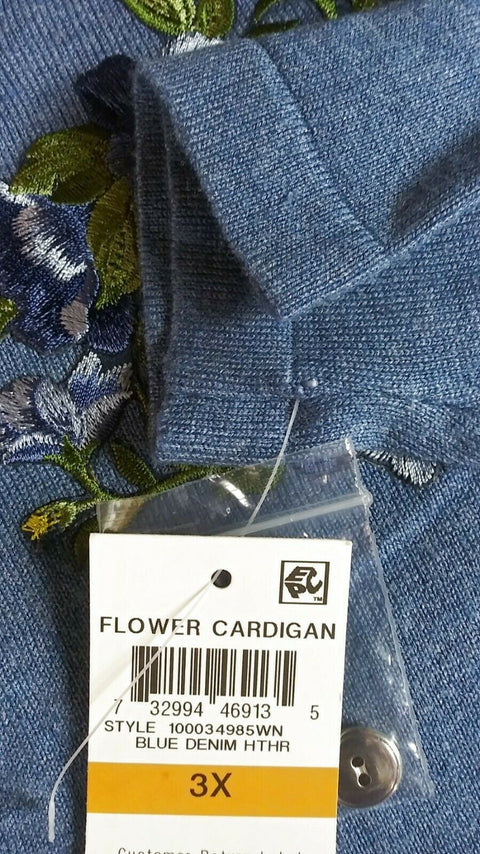 Karen Scott Women Long Sleeve Blue Embroidery Button Cardigan Sweater Plus 3X