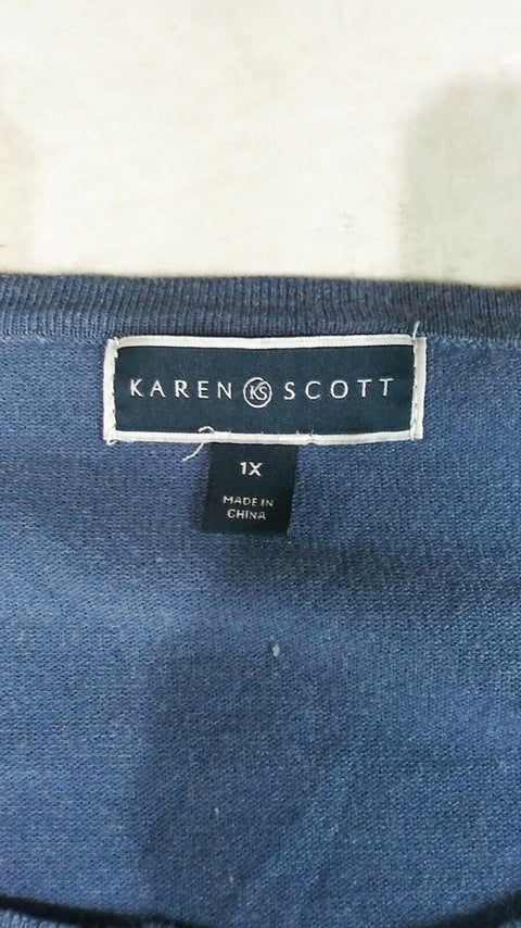Karen Scott Women Long Sleeve Blue Embroidery Button Cardigan Sweater Plus 1X