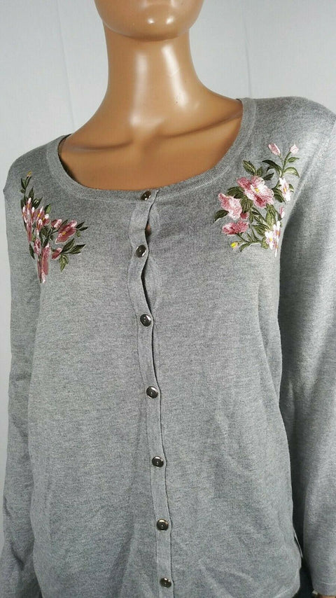 Karen Scott Women's Long Sleeve Gray Embroidery Button Cardigan Sweater Plus 2X