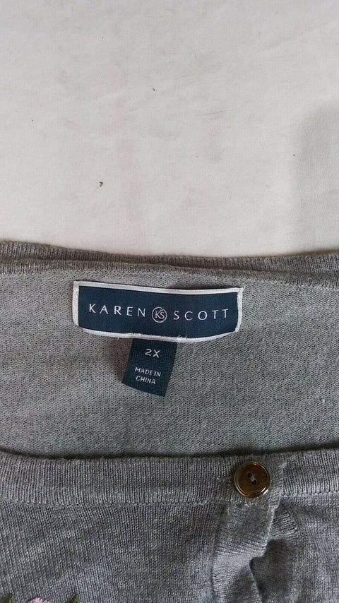 Karen Scott Women's Long Sleeve Gray Embroidery Button Cardigan Sweater Plus 2X