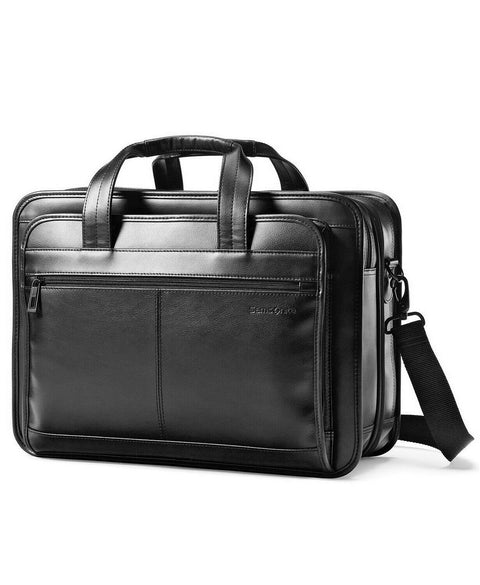 $320 NEW Samsonite Leather Expandable Laptop Briefcase Bag Black Business Case