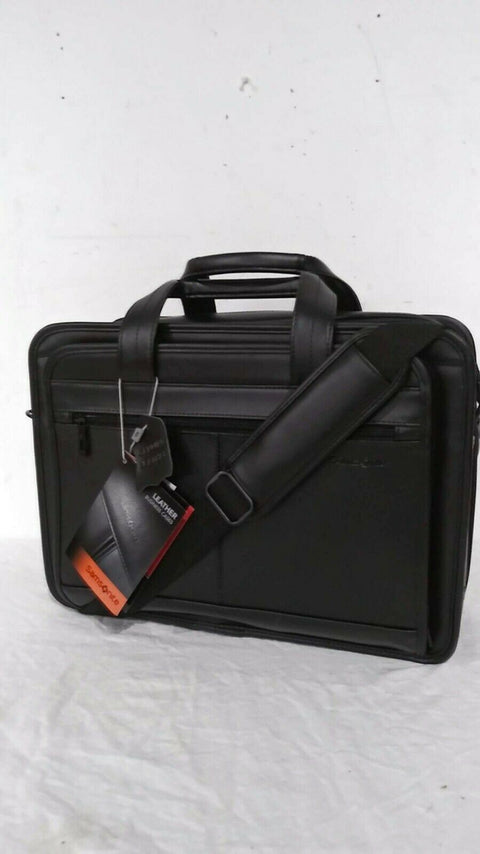 $320 NEW Samsonite Leather Expandable Laptop Briefcase Bag Black Business Case