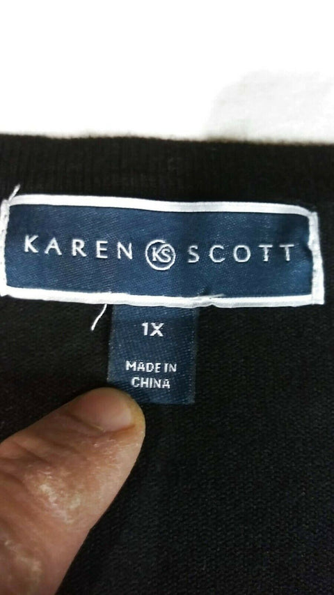 Karen Scott Women's Long Sleeve Black Embroidery Button Cardigan Sweater Plus 1X