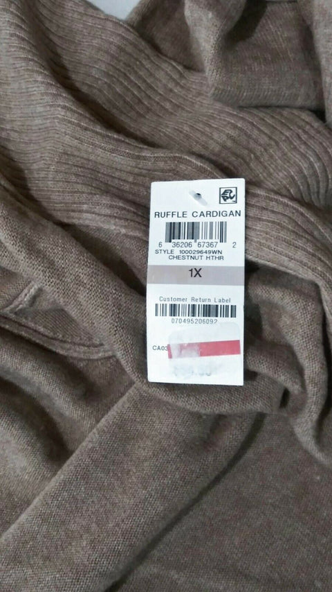Karen Scott Women Long Sleeve Beige Front Open Ruffle Cardigan Sweater Plus 1X