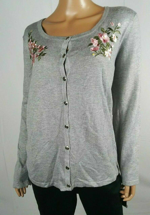 Karen Scott Women Long Sleeve Gray Embroided Button Cardigan Sweater Plus 2X