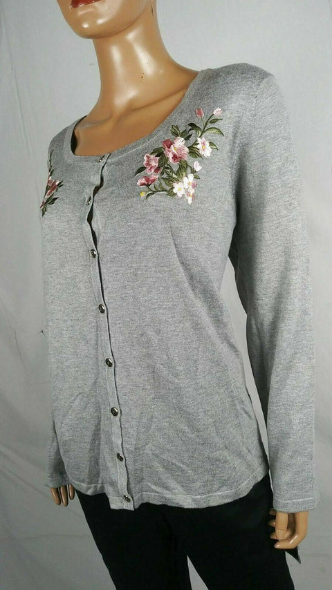 Karen Scott Women Long Sleeve Gray Embroided Button Cardigan Sweater Plus 2X