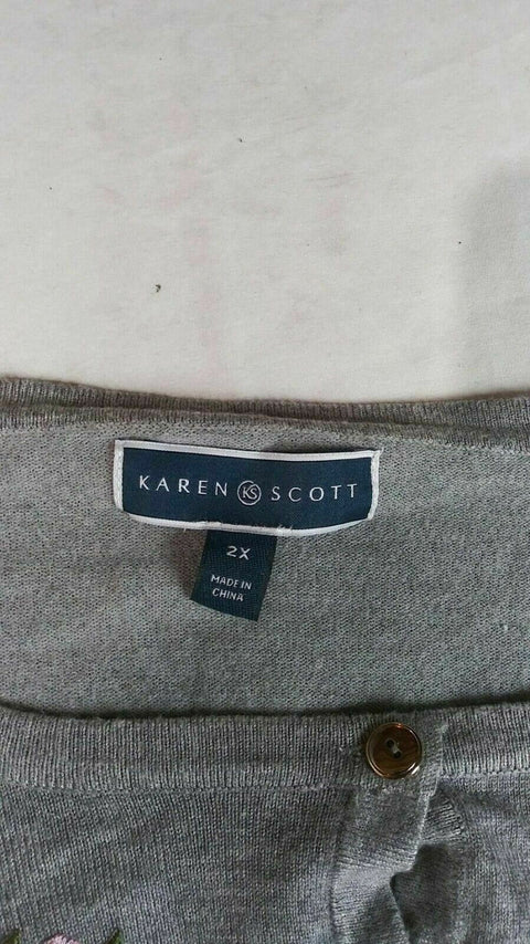 Karen Scott Women Long Sleeve Gray Embroided Button Cardigan Sweater Plus 2X