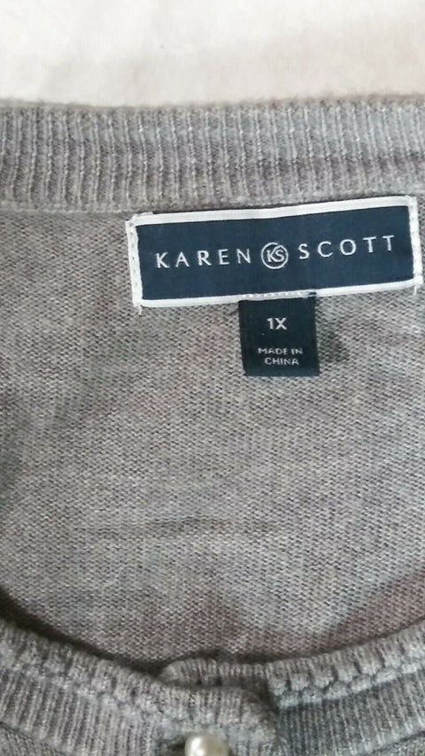 New Karen Scott Women Long Sleeve Gray Pearl Button Cardigan Sweater Plus 1X