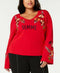 INC International Women's Red Floral Embroidered Bell Sleeve Sweater Top Plus 1X
