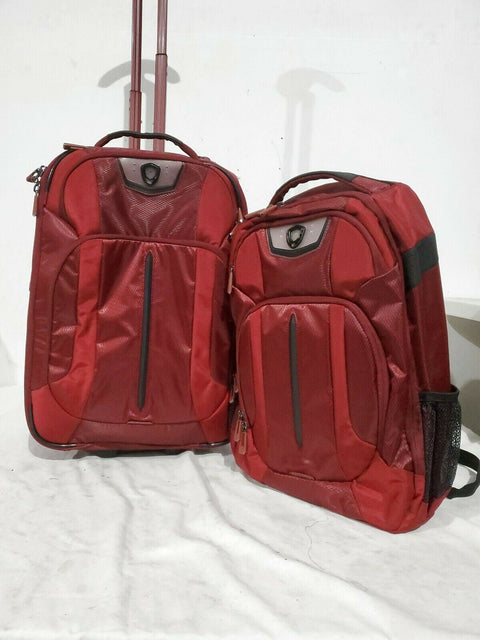 $380 Travelers Choice Cross Point 2-Piece Luggage Set Backpack Red Rolling Wheel
