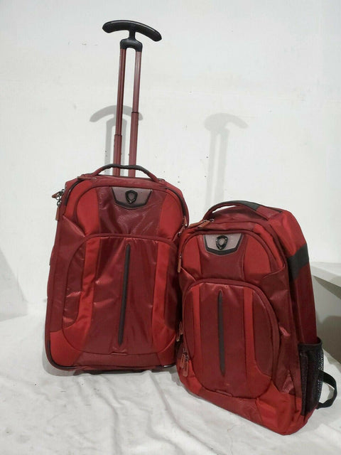$380 Travelers Choice Cross Point 2-Piece Luggage Set Backpack Red Rolling Wheel