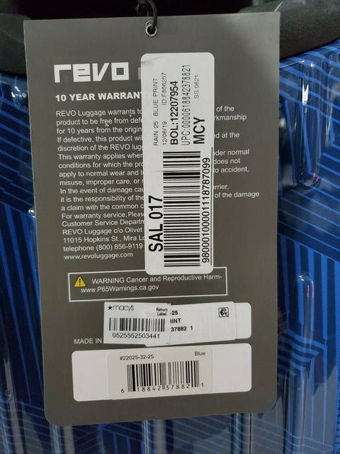 $200 Revo Rain 25" Hard Case Expandable Spinner Suitcase Luggage TSA Lock Blue