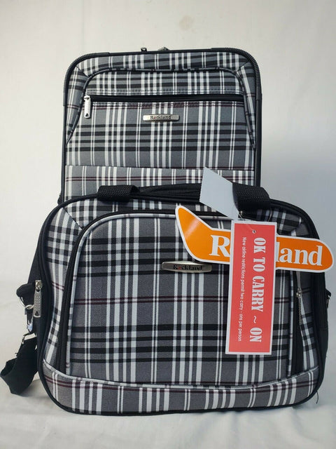 $240 New Rockland 2 PC Carry On Luggage Set Rolling Wheel Suitcase Black Plaids