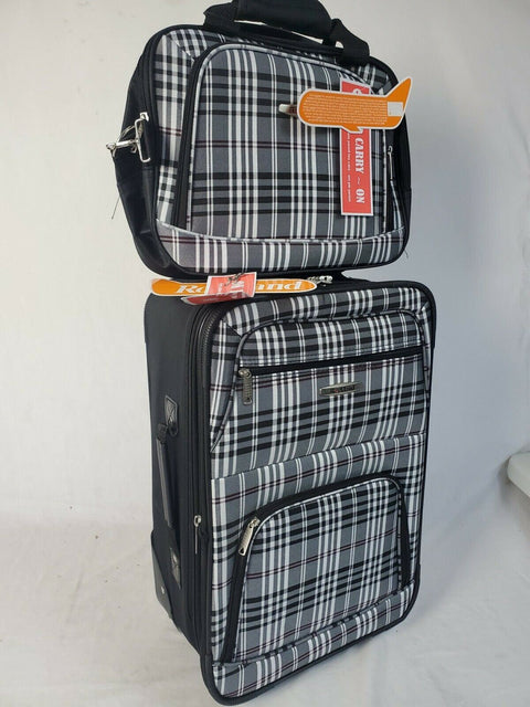 $240 New Rockland 2 PC Carry On Luggage Set Rolling Wheel Suitcase Black Plaids