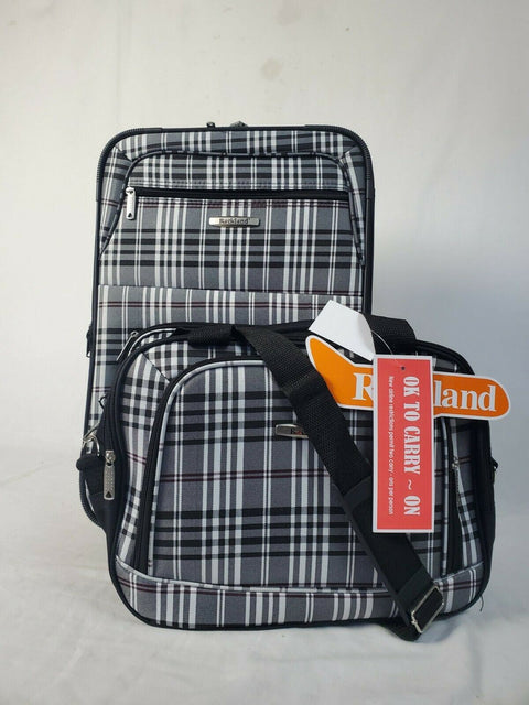 $240 New Rockland 2 PC Carry On Luggage Set Rolling Wheel Suitcase Black Plaids
