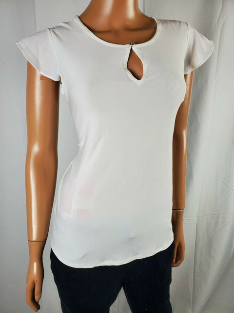 $109 CECE Women's White Short Sleeve Blouse Top Key-Hole Neck Stretch Size S - evorr.com