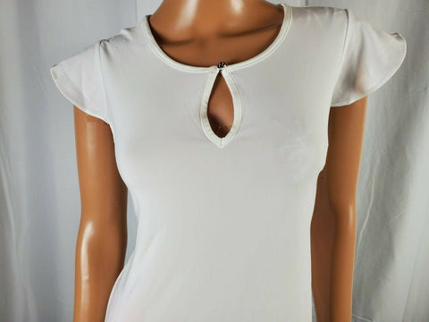 $109 CECE Women's White Short Sleeve Blouse Top Key-Hole Neck Stretch Size S - evorr.com