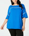 ALFANI Womens Royal Blue Crepe White Piping Short Flare Sleeve Shirt Top Plus 3X