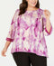 Alfani Women Scoop-Neck 3/4 Sleeve Purple Illusion Printed Lace Trim Top Plus 1X