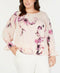 Alfani Women Scoop-Neck Peach Floral Front-Tuck Blouse Top Ruched Sleeve Plus 3X