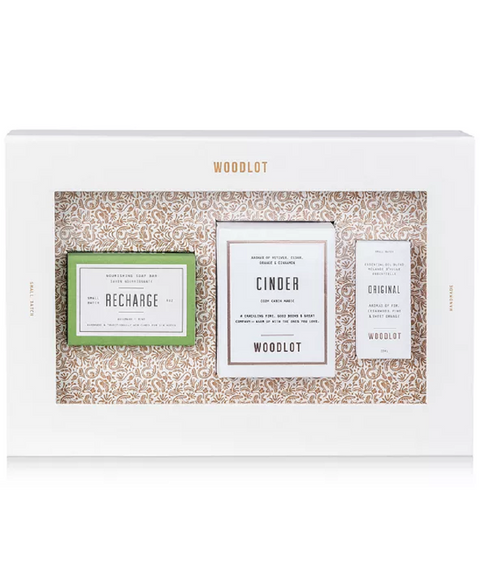 WOODLOT 3-Pc. Essentials Gift Set Recharge Soap Bar Cinder Candle Essential Oil