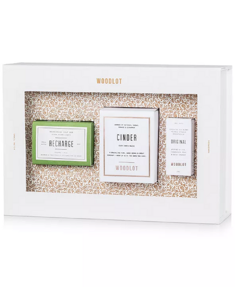 WOODLOT 3-Pc. Essentials Gift Set Recharge Soap Bar Cinder Candle Essential Oil