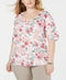 Karen Scott Women Elbow Sleeve V-Neck White Multi Floral Blouse Top Plus 1X