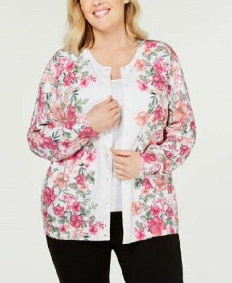 Karen Scott Women Long Sleeve Button Front White Multi Floral Cardigan Plus 1X