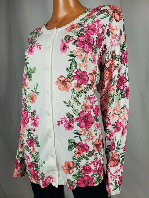 Karen Scott Women Long Sleeve Button Front White Multi Floral Cardigan Plus 1X