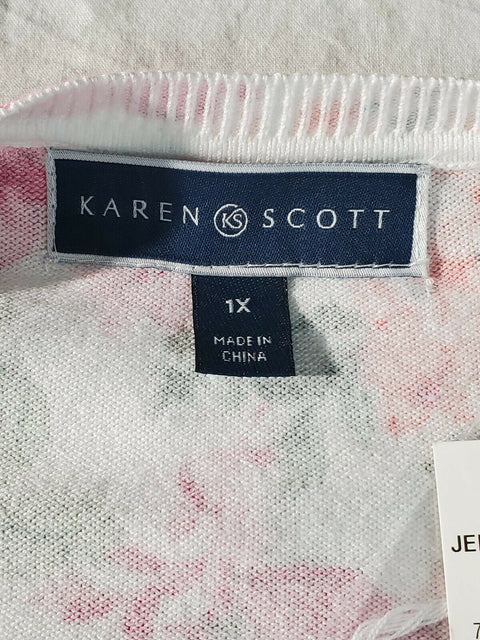 Karen Scott Women Long Sleeve Button Front White Multi Floral Cardigan Plus 1X