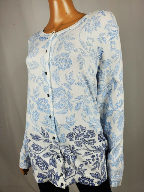 Karen Scott Women's Long Sleeve Button Front White Blue Paisley Cardigan Plus 3X - evorr.com