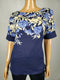 New Karen Scott Women's Elbow Sleeve Boat Neck Blue Printed Flowers Blouse Top S